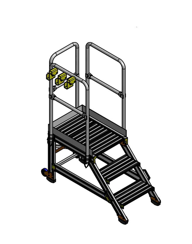 H0.75m x L0.8m x W0.6m - 3 Step, with wheels and removable Handrails